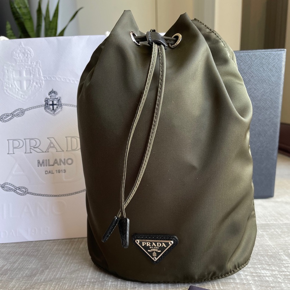 Prada Drawstring nylon pouch in Camouflage green